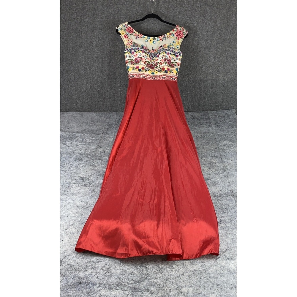 Sherri Hill Dress Women's 2 Red White Floral Formal Long Maxi Rhinestones Prom